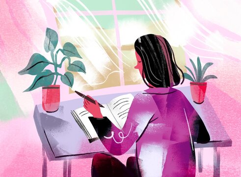 Woman Writing a Gratitude Journal by an Open Window