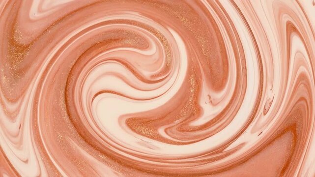 Soft swirls dance in warm peach and cream hues. Golden specks shimmer through flowing, fluid patterns. Organic motion creates a calming, swirling abstract design. Ideal for backgrounds