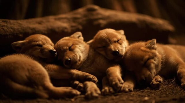 Cuddling Wolf Pups Sleeping Peacefully in a Dark Warm Den