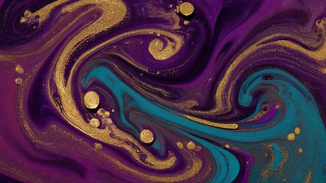 Vibrant swirls dance in cosmic hues. Purple, gold, and teal merge in fluid motion. Glitter sparkles across the abstract vortex. Golden spheres glow like celestial bodies