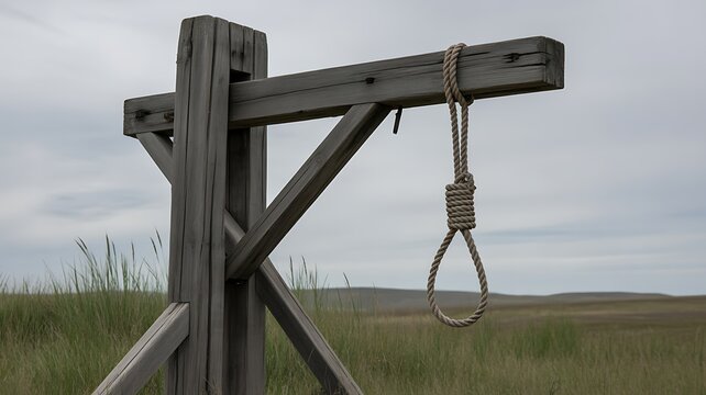Isolated Wooden Gallows with Hanging Noose 