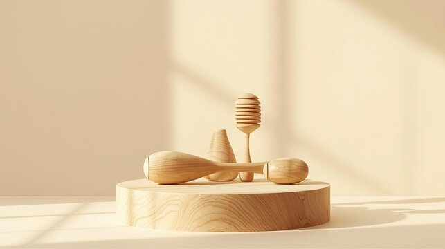 Maderotherapy Wood Therapy Minimalist Composition of Wooden Kitchen Utensils on a Natural Wood Platform in Soft Lighting