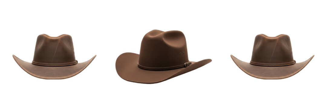 Set of Classic Brown Leather Cowboy Hat Isolated Transparent Background PNG