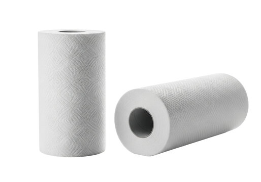 High-key macro shot of two transparent kitchen paper towel rolls (one standing, one lying) on a sterile background, showing deep embossed texture and sharp detail. concept of purity and hygiene