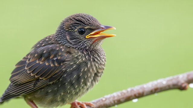 A young fledgling bird with an open beak perched on a wet branch against a soft green background