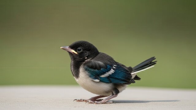 A curious fledgling bird stands alone, showcasing vibrant blue wing feathers against a softly