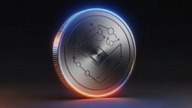 Futuristic digital currency coin glowing with neon light representing decentralized finance