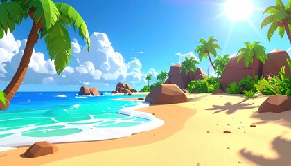 Obraz premium Vibrant low poly tropical beach illustration with bright sun, clear turquoise ocean, lush palm trees, and golden sand, perfect for summer travel and relaxing vacation themes