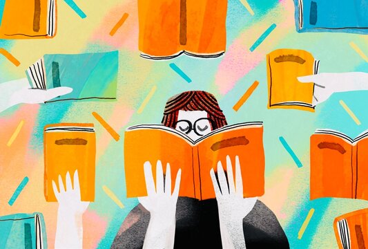 Woman Holding an Open Book with Flying Books Around