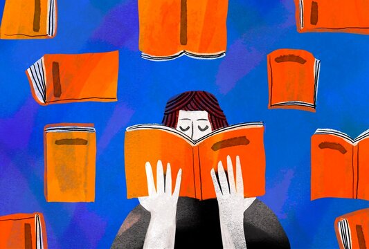 Woman Holding an Open Book with Flying Books Around