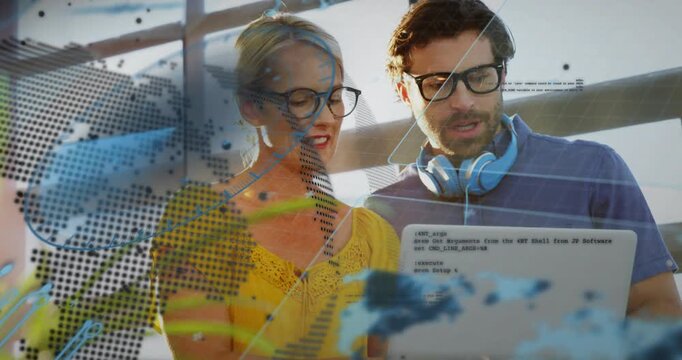 Team standing woman pointing and starting review while man scrolling tablet viewing IT map overlays