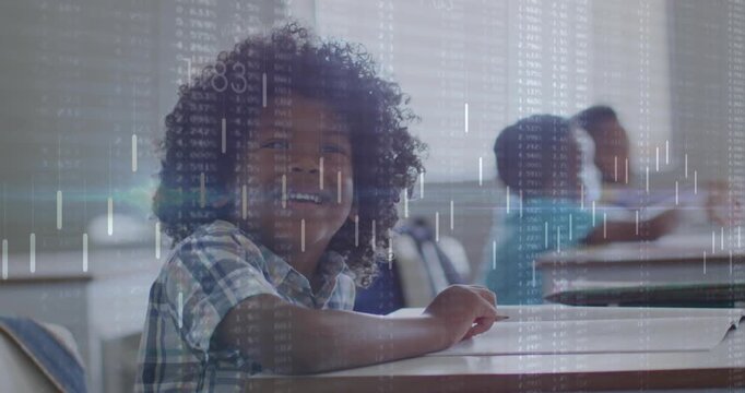 Camera panning pupil seeing camera, turning, smiling, faint data overlay appearing over classroom