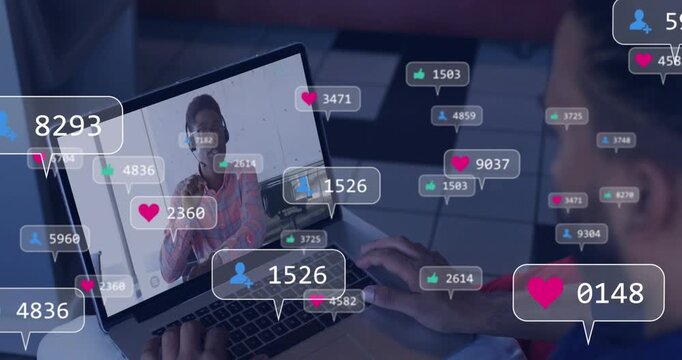Viewer clicking trackpad to react while watching laptop presenter, marketing badges filling screen