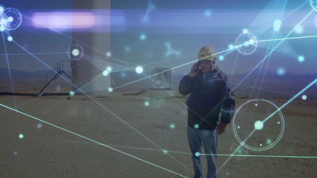 Site tech answering call while on rooftop, AR overlay circling helmet and torso, checking gear