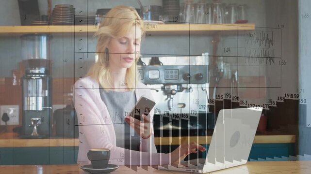 Phone pickup starting chart overlays, woman switching phone and typing laptop while tracking charts