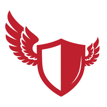 Red shield with white interior and wings on a white background, white shield winged shield protection symbol