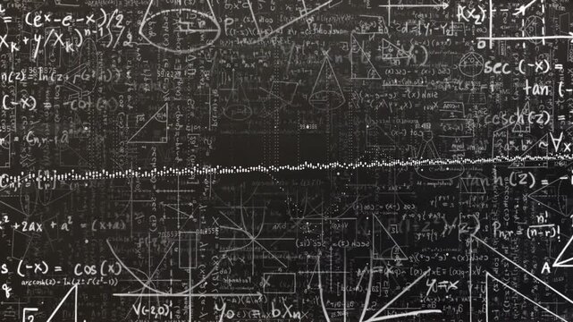 Timeline moving while dotted trace forming rippling settling across math board showing waveform