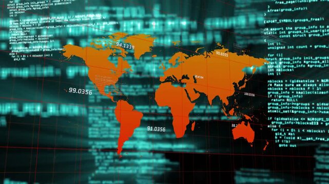 Orange world map centering teal code stream scrolling and driving data labels pulsing for analytics