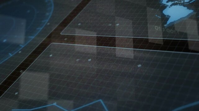 Holo dashboard responding to camera pan, shifting tiles, rotating globe and showing data for tech