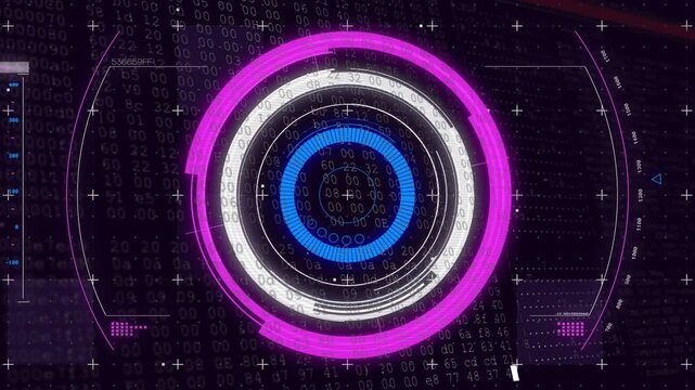 Central HUD initializing technology scan on dark grid, rotating magenta arc and pulsing blue ring