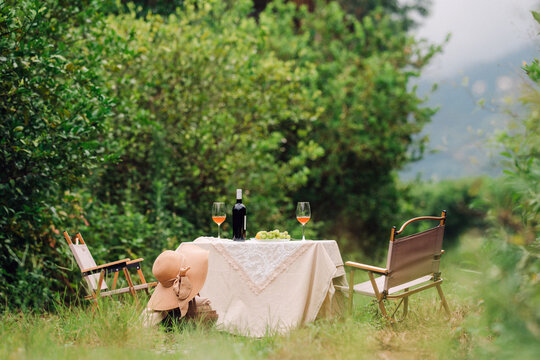 Closeup of picnic tables and chairs in the countryside