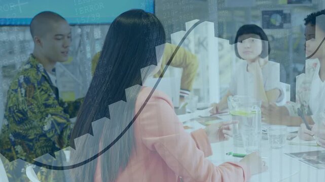 Woman leading team reviewing docs as peer passing page sparking motion business charts for planning
