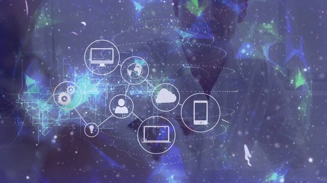 cloud icon appearing care network expanding linking phone gears showing device links on two doctors
