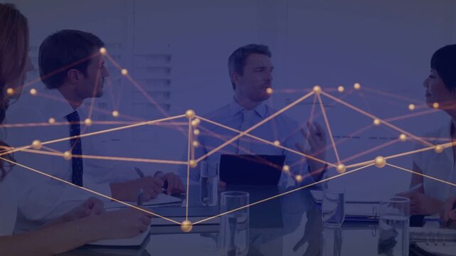 Speaker raising tablet, showing, gesturing in business, gold nodes aligning over lead, team writing