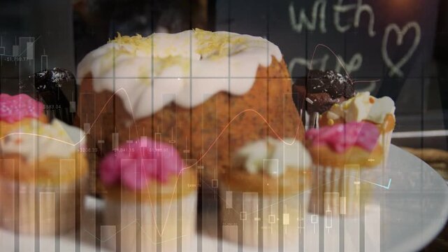 Camera pulling focus, bundt sharpening, minis showing toppings, faint graph for bakery marketing