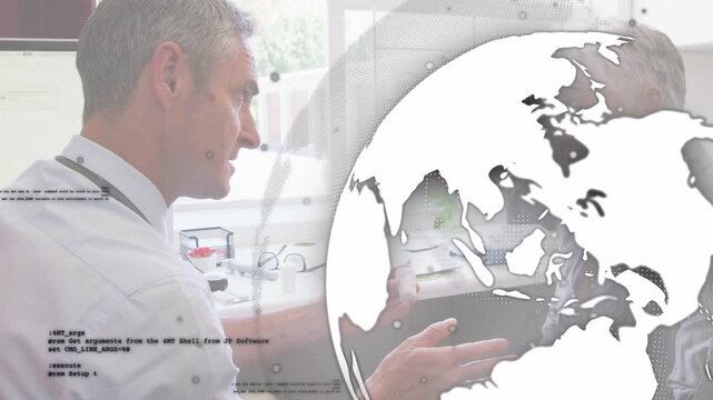 Clinician initiating wrist exam, leaning in holding device, globe and code text moving across frame