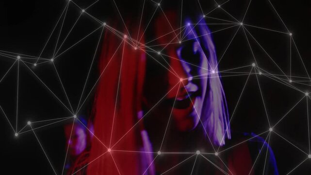 Performer reacting to projection cue, lip-syncing and posing as network nodes drifting for tech art