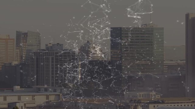Animated particle network overlay expanding and pulsing on data pulse, visualizing urban links