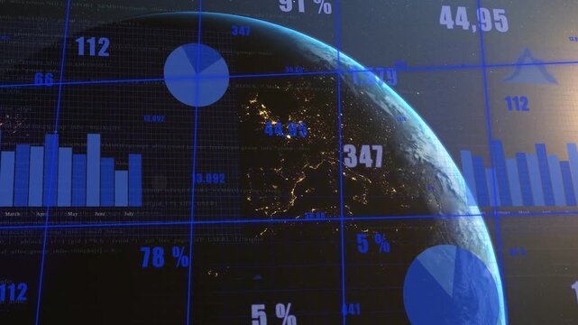Partial Earth disk rotating, sun glare fading, causing HUD updating pct, charts for data monitoring