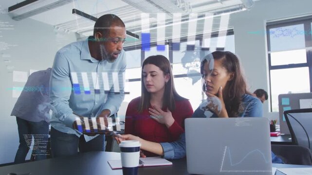 Standing mgr showing tablet activating HUD growing then fading as team reviewing business data