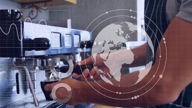 Barista inserting portafilter starting HUD over hands with globe charts waveform checking coffee