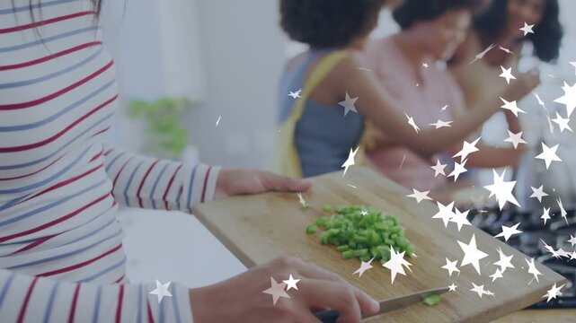 Striped woman lifting board chopping green pepper into bowl animated stars highlighting meal prep