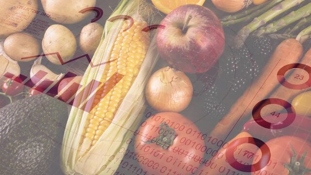 On play flat-lay produce drawing in animated charts, bars, markers, binary text showing food trends