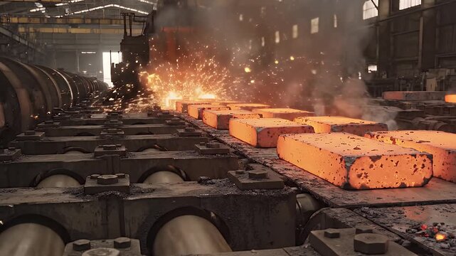 Row of Heated Metal Slabs Moving on Conveyor in Modern Steel Plant
