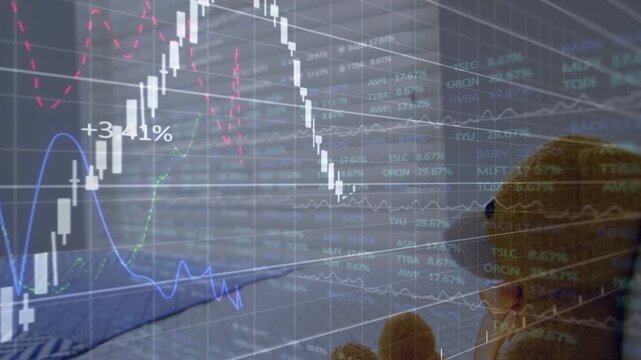 Financial chart fading into bedroom, animating candlesticks and lines, tracking market over teddy