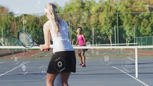 Opponent hitting lob net woman timing forehand, returning ball during rally, sports overlaying path