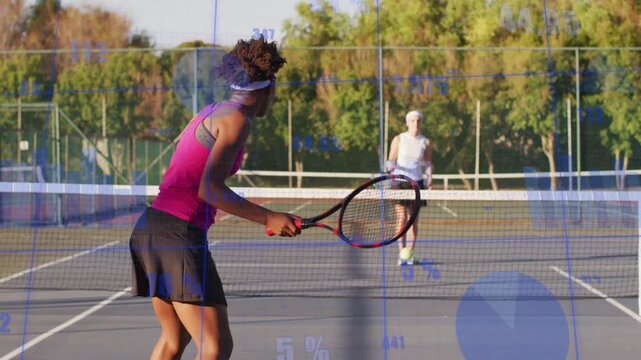 Pink player preparing stepping swinging returning on opponent toss, blue overlay tracking sports