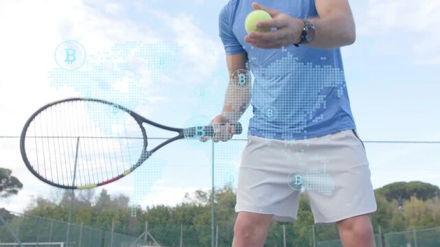 Man tossing ball, swinging racket, practicing tennis serve while world map B icons overlaying torso