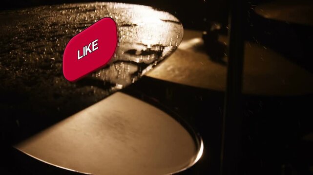 Cymbals vibrating from strike, ejecting droplets while social media badges sliding in for marketing