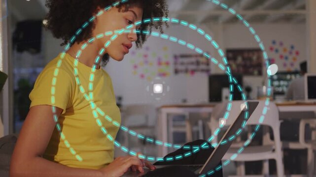 Woman typing on laptop, teal dashed circles expanding from laptop, showing data for creators in hub