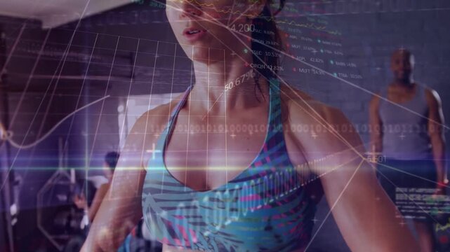 Female athlete adjusting grip and pulling bar upward in gym, data overlays tracking performance