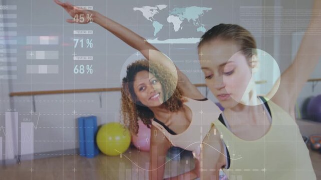 Woman leading fitness class doing side-bend, camera widening and HUD overlaying charts for tracking