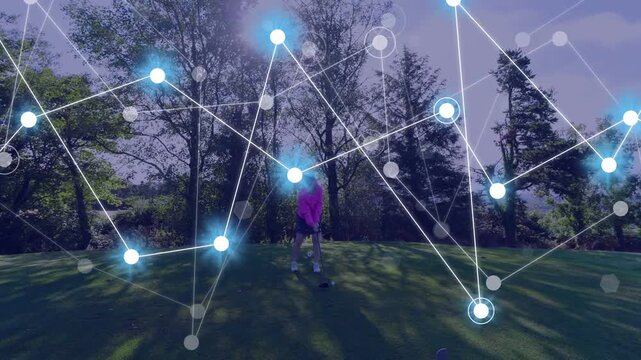 Senior golfer preparing swinging driving ball toward fairway, expanding node net for golf tech