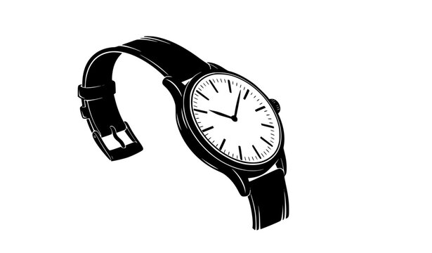 Angled vintage wristwatch silhouette with curved strap and classic round face retro vector design