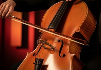 Fototapeta premium A close-up shot of a wooden cello being played with intense emotion, featuring motion blur on the bow and warm, cinematic stage lighting, performance, concert, solo