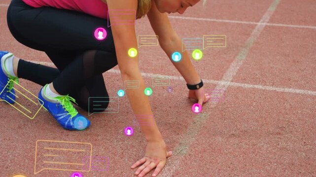 Sports runner placing hands on start line shifting, preparing sprint as user icons floating around